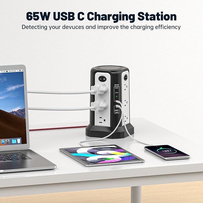 PASSUS PD65W USB C Fast Desktop Power Strip Surge Protector | Desktop Charging Station, 12 AC Outlets|4 USB C|1 USB A, 10FT Extension Cord with Overload Protection for Home Office Dorm