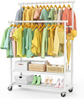 Double Rods Clothes Rack for Hanging Clothes, Heavy Duty Rolling Clothing Rack with Wheels, Freestanding Garment Racks with Oxford Bottom Shelf and Mesh Bottom Shelf for Bedroom Laundry (White)