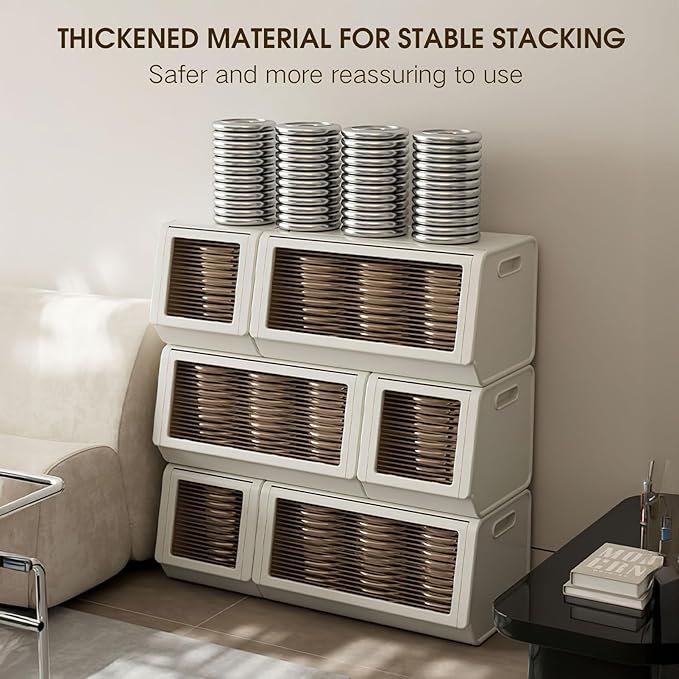 SunSettler Stackable Storage Cabinet, Plastic Storage Organizer with Flip Door, Magnetic Opening, Large Capacity Clothes Toy Shoe Cabinet, Easy Assembly for Living Room Bedroom(2 Tier Plus)