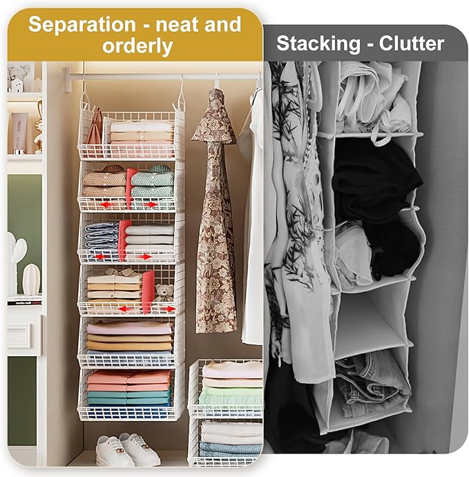 Jautokerdar 6 Tier Extra Large Hanging Closet Organizer, Closet Storage Hanging with Dividers, Wire Closet Shelf with 5 S Hooks 4 Dividers,Sweater Handbag Hat Accessory Storage Hanger,White