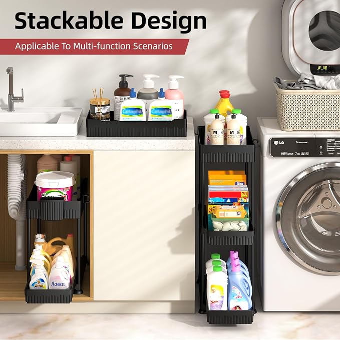 Sevenblue 4-Pack 2-Tier Under Sink Organizer with Pull Out Drawers | Multi-use kitchen & bathroom storage. Includes hanging hooks and cups. Black, space-saving cabinet design. 14.8 Inch