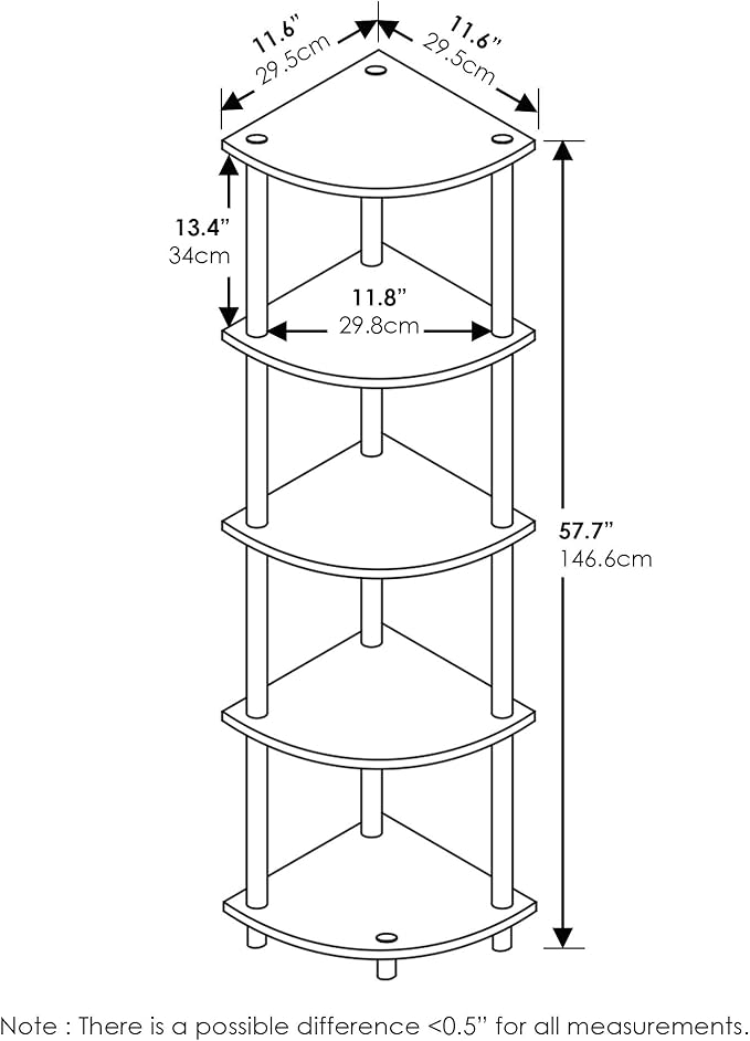 Furinno Turn-N-Tube Corner Shelf Set of 2, 5-Tier Corner Bookshelf, Open Storage Shelves, for Organization and Storage, Living Room, Home Office, Garage, Beech