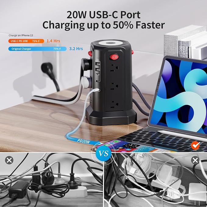 Surge Protector Power Strip 10 FT Cord, PD 20W USB C Power Strip Tower with Night Light, Extension Cord with Multiple Outlets with 4 USB Ports(2A+2C), PASSUS Charging Station Home Office Essentials