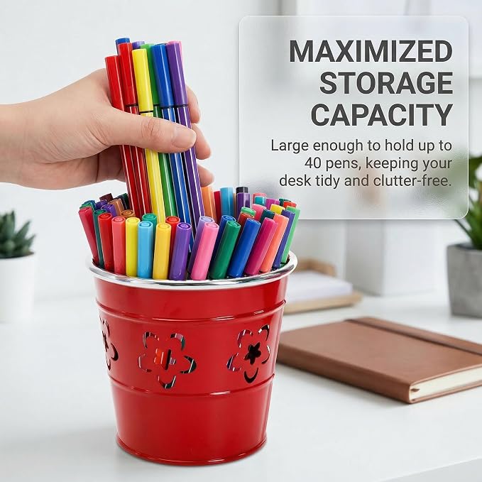 Noamus 9 Pack Metal Pen Holder, Desktop Pencil Bucket with Hollow Flower Cutouts, Colorful Makeup Brush Storage Cup, Versatile Cutlery Pots for Office Classroom School Crafts(9 Color)