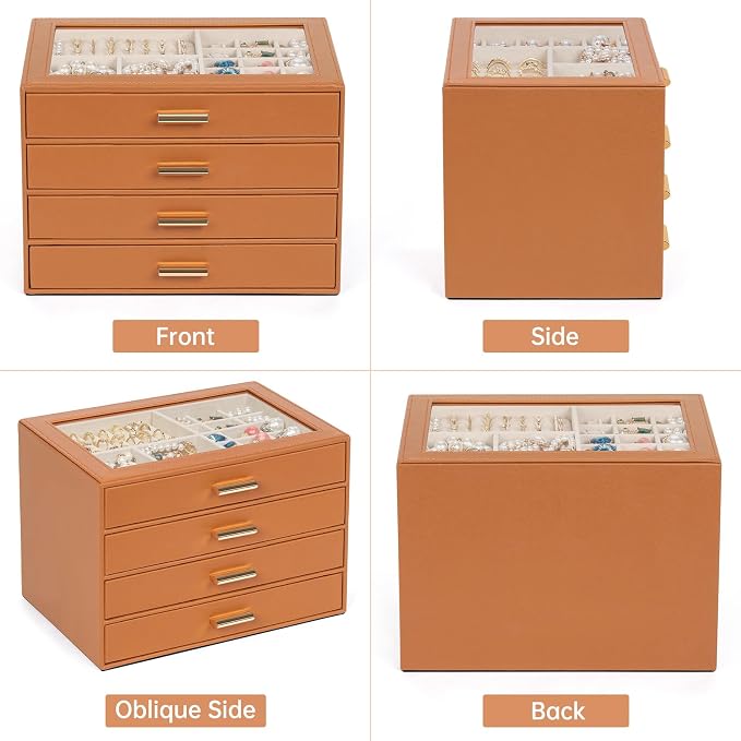 AKOZLIN Jewelry Box with Clear Lid Functional Leather Jewelry Storage Organizer Case 4 Drawers for Women Girls Necklace Ring Bracelet Earring Orange