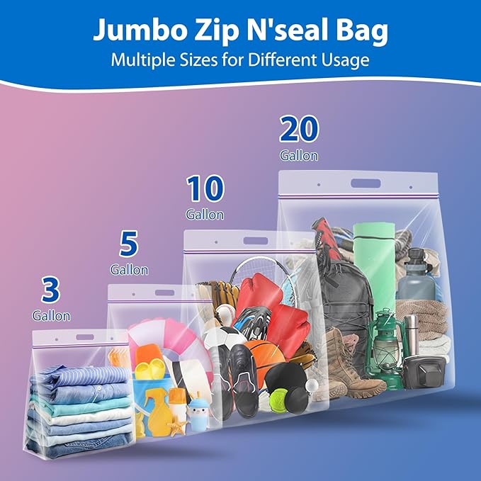 5 Gallon Zipper Bags with Handle and Bottom, Pack of 6, Heavy Duty Clear Handy Plastic Storage Bag, 18"x24" Reusable Large Zip Storage Bag for Sports, Travel, Moving and Clothes, 3-Mil Thick