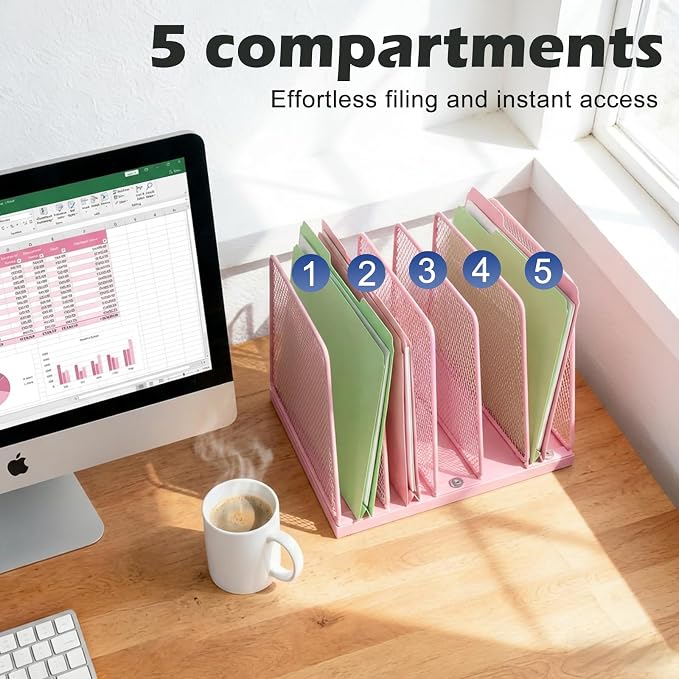 AUPSEN 5-Section File Organizer for Desk, Wood Mesh Desktop File Organizer, File Sorter Storage Rack, Vertical Folder Holder for Files, Magazines, Books (Pink)