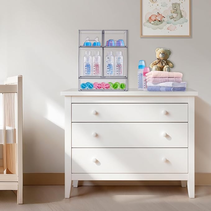 Sorbus Wide Stackable Acrylic Storage Drawers, 8 Pack Clear Plastic Organizer Bins for Baby Bottles, Makeup, Bathroom, Vanity & Countertop Organization, Pull-Out Drawer Design for Cabinets & Pantry