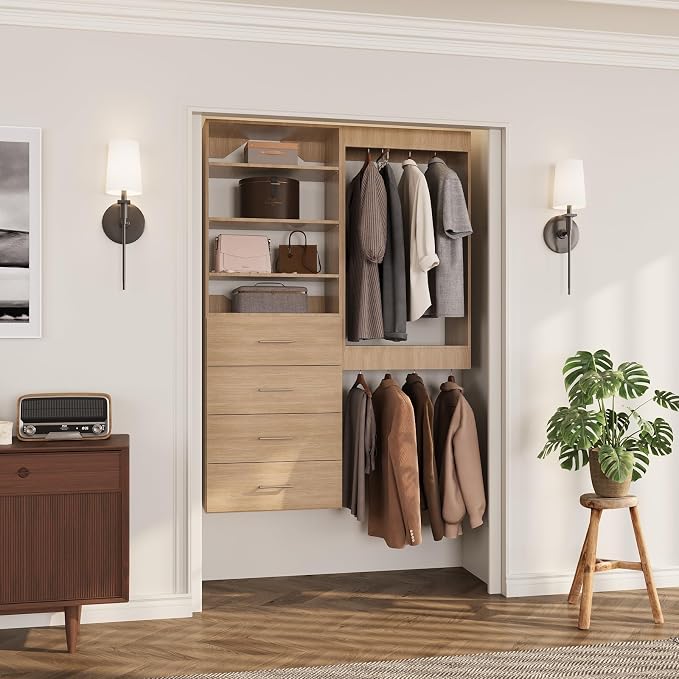 ROOMTEC Modular Closet System, 61" Wall-Mounted Closet Organizer with Drawers and Hanging Rods, Wooden Tower for Walk-In Closets, Wardrobe Storage Kit, Wood
