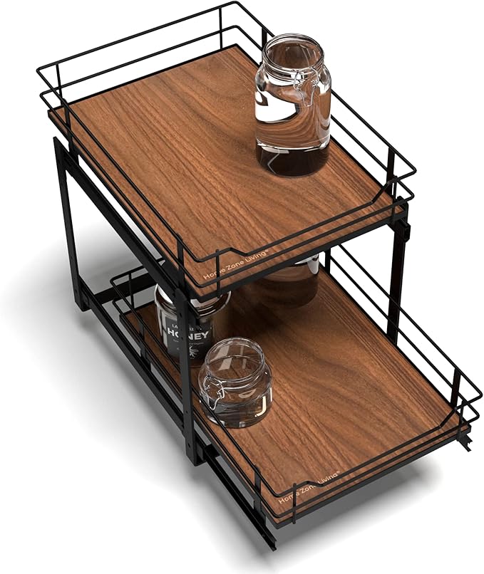 Home Zone Living Pull Out Kitchen Cabinet Organizer with 2 Tiers of Storage for Easy Access, 15”W x 20”D, Matte Black With Dark Brown, Virtuoso Collection
