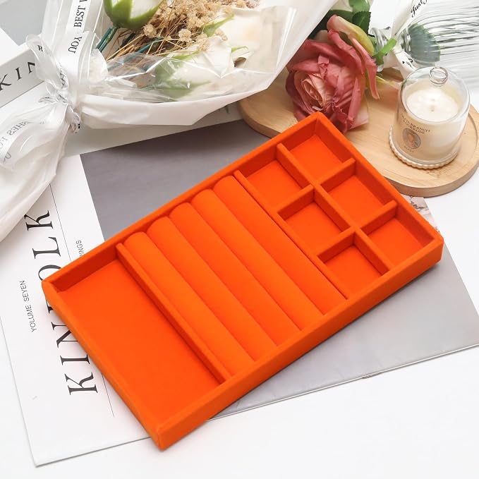Velvet Jewelry Trays for Drawers, Orange Stackable Jewelry Drawer Organizer Inserts, Ring Earring Necklace Bracelet Holder Organizer Storage Display Tray with Removable Dividers, 3-in-1