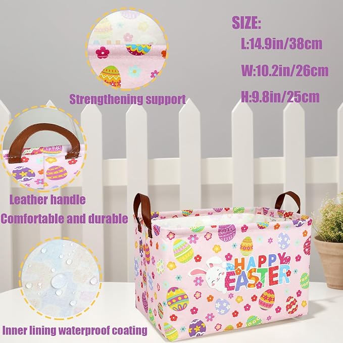 Pink Easter Basket for Kid Large Empty Baby Rectangular Cute Easter Gift Storage Basket Bunny Eggs Décor (Pink Rabbit Flower)