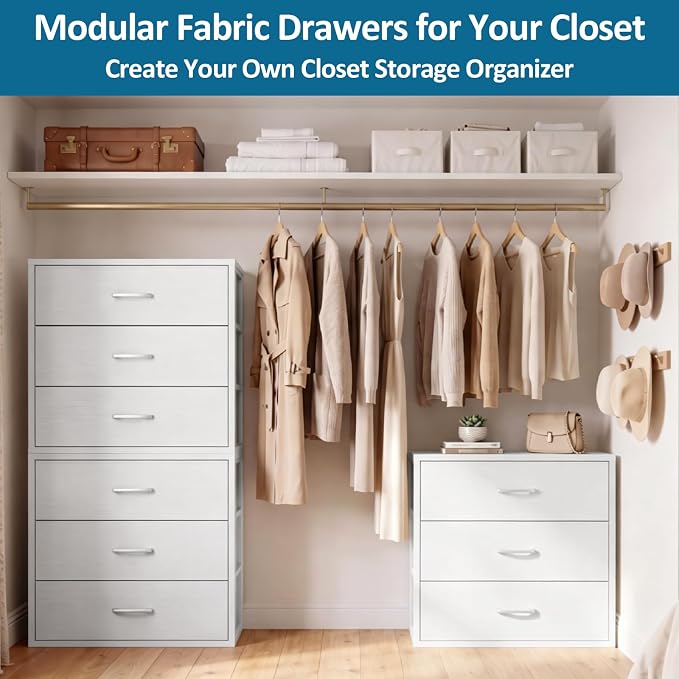 3 Fabric Drawer for Closet Storage: Stackable Dresser Short Drawers for Clothes Organizer, Low Modular Chest Cabinet for Inside Closet Bedroom Wardrobe Nursery & Small Spaces, White
