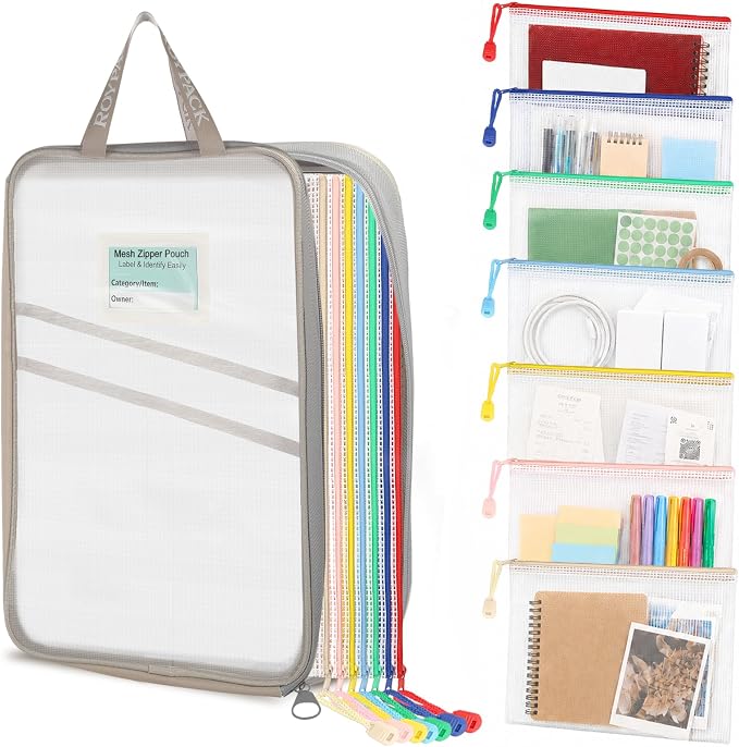 7 Pack PVC Mesh Zipper Pouch Set with 1 Organizer Bag A4/Letter Size Translucent File Bags Water-Resistant Plastic Document Pouches for Office College School & Travel Supplies (8pcs)