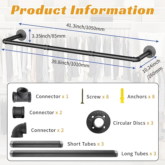 40 INCH Industrial Pipe Clothes Rack,Wall Mounted Clothes Rack,Metal | 150lbs Max Heavy Duty Clothing Rack,Powder Coating Surface,Space-Saving Hanging Rod for Laundry Room,Bedroom,Closet Storage