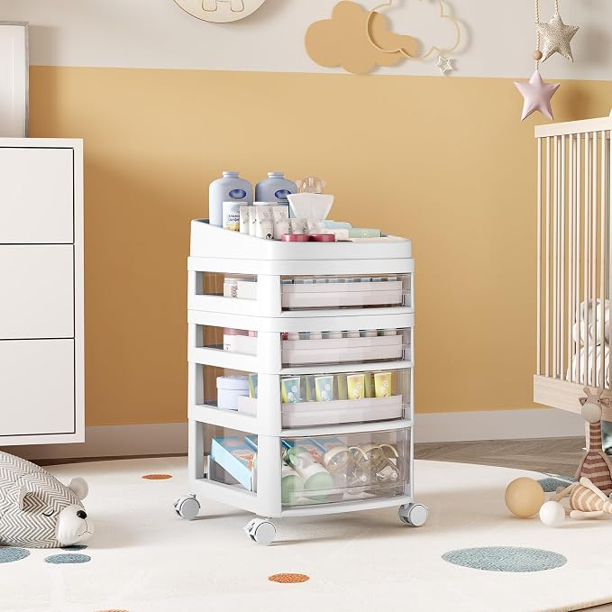 Rolling Cart with 4 Drawers, Clear Plastic Drawer Organizers, Dust Proof Under Desk Storage for Makeup, Skincare, Art Crafts and Baby Items, Acrylic Cosmetic Organizer with Dividers, Vanity Cart