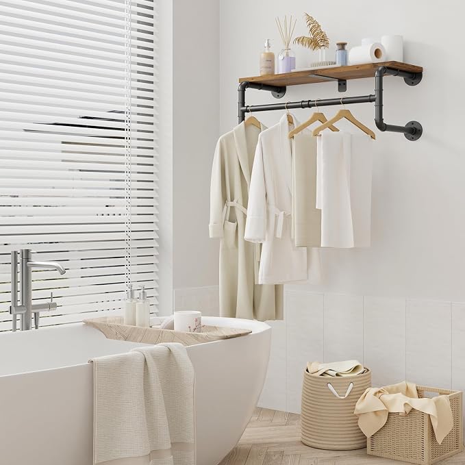Yawinhe Industrial Pipe Clothes Rack with Top Shelf, Wall Mounted Garment Rack, Space Saving Hanger with 4 Bases, for Shops, Homes (28x10.23x10.23in) | Wall Mounted Clothes Rail;Wardrobe Hanging Rail Bar Rack for Laundry and Closet;Heavy Duty Retro Wal...