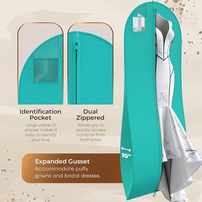 72" Tapered Long Dress Bags for Gowns - Wedding Dress Garment Bag for Dresses - Long Garment Bags for Hanging Clothes & Closet Storage, Dress Bag for Airplane
