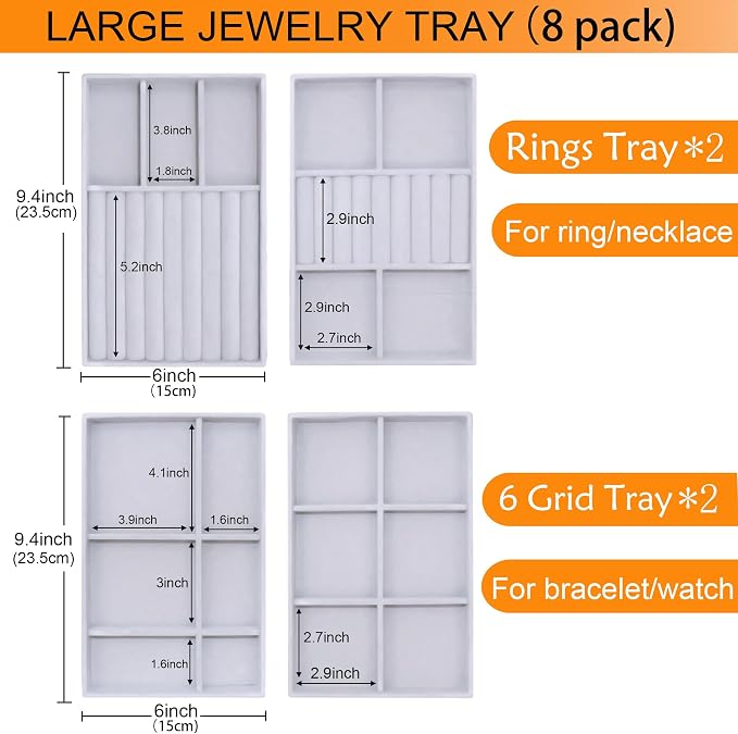 Set of 8 Stackable Jewelry Organizer X-Large Velvet Jewellry Trays Jewelryy Drawer Inserts, Earring Ring Brooch Necklace Bracelet Watch Display Plate with Removable Dividers