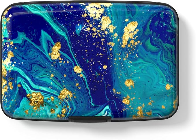 Credit Card Holder for Women, Small RFID Metal Credit Cards Wallets Cute Business Card Holder Pocket ID Case, Blue Green Marbling