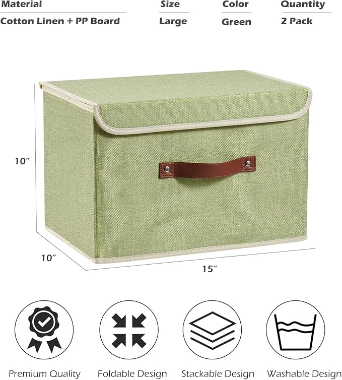 2PCS Storage Boxes with Lid Cotton Linen Fabric Storage Bins Organizer Container Decorative Collapsible Washable Shelf Closet Baskets Faux Leather Handles Home Bedroom (Green, Large Size)