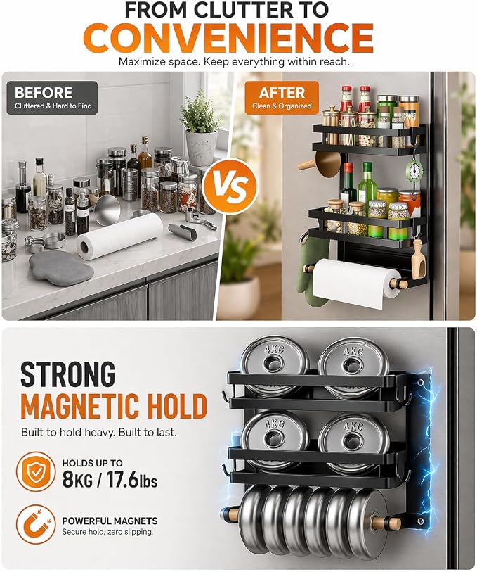 Magnetic Refrigerator Spice Rack Organizer, 2 Layer Kitchen Shelf with Paper Towel Holder, Fridge Side Storage for Seasoning Bottles, No Drill Rack