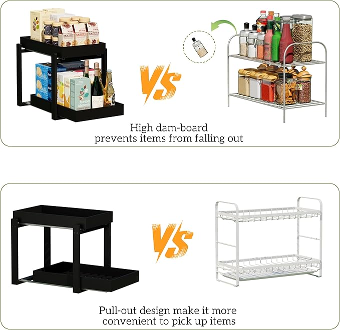 APRTAT 2 Pack Under Sink Organizer, Bamboo Wooden 2-Tier Pull-Out Storage with Sliding Drawers for Kitchen and Bathroom Cabinets, Easy Installation (Black, 1 pack)