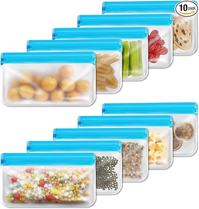 10 Pack Reusable Snack Bags, Extra Thick BPA Free, Dishwasher & Freezer Safe Food Storage Bags for Lunch, Snacks & Home Organization (Blue, 10 Pack Snack Bags)