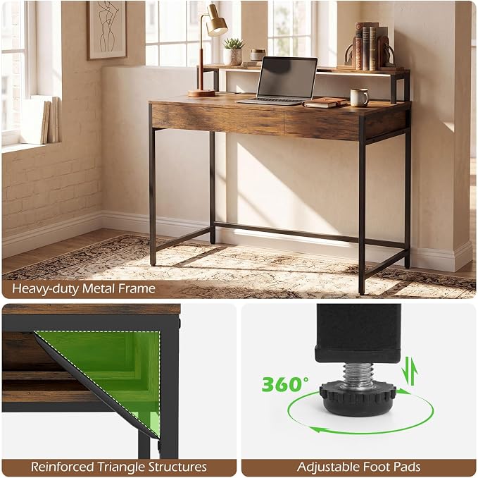 Tangkula Computer Desk with Dual-use Drawer & Keyboard Tray, Home Office Desk with Removable Monitor Shelf & Power Outlets, Modern Writing Desk Study Table for Home Apartment Dorm (Rustic Brown)