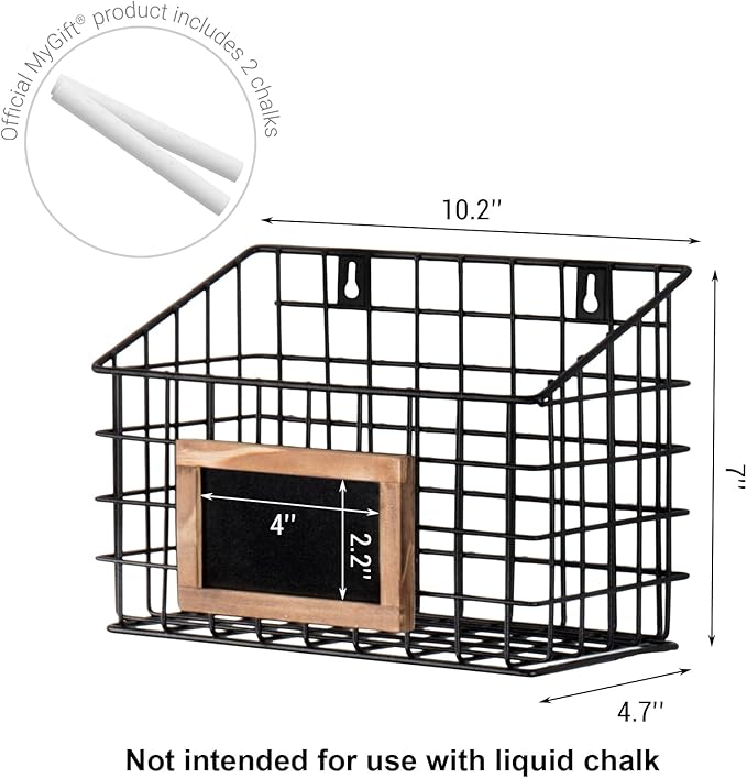 MyGift 10 Inch Wall Mounted Matte Black Metal Wire Storage Baskets with Chalkboard Labels, Small Hanging Organizer Bins for Home Entryway Kitchen Pantry Closet, Set of 3