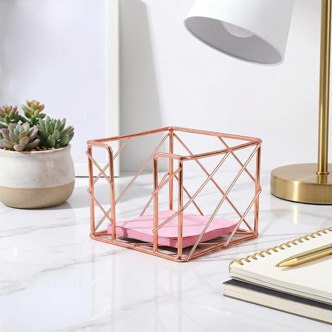 Sticky Note Holder 3.8x3.8 Inches, Rose Gold Desk Accessories | Functional Stylish Metal Notepads Memo Sticky Note Dispenser, Mesh Cube Rose Gold Desk Organizer for Home School Office