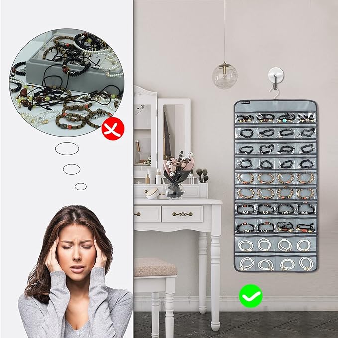 80 Pockets Hanging Jewelry Organizer for Holding Jewelries Dual-Sided Accessory Display Holder for Earrings Bracelets Rings (80 Pockets-Grey)
