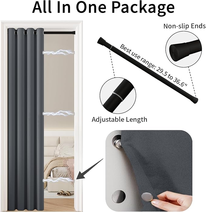 Vatge Magnetic Closet Curtain with Rod - W42 x L80, 1 Panel, Gray, Room Darkening Privacy Doorway Curtains for Open Bedroom, Temporary Door for Hallway