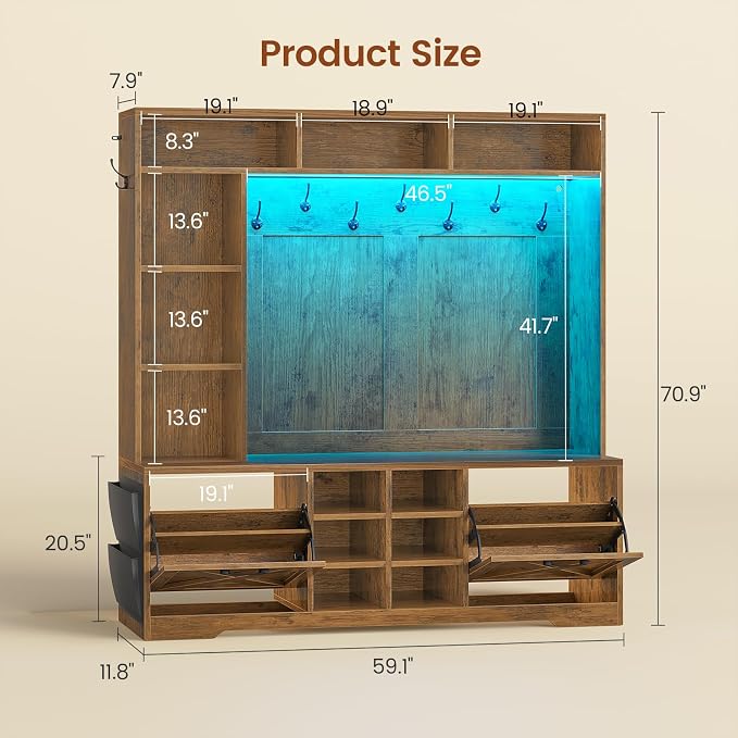Itaar Hall Tree with Bench and Shoe Storage, 59.1" Farmhouse Entryway Bench with Coat Rack, Shoe Cabinet with Flip Drawers, 12 Shelves, 9 Coat Hooks, Storage Bag, Led Lights, Rustic Brown