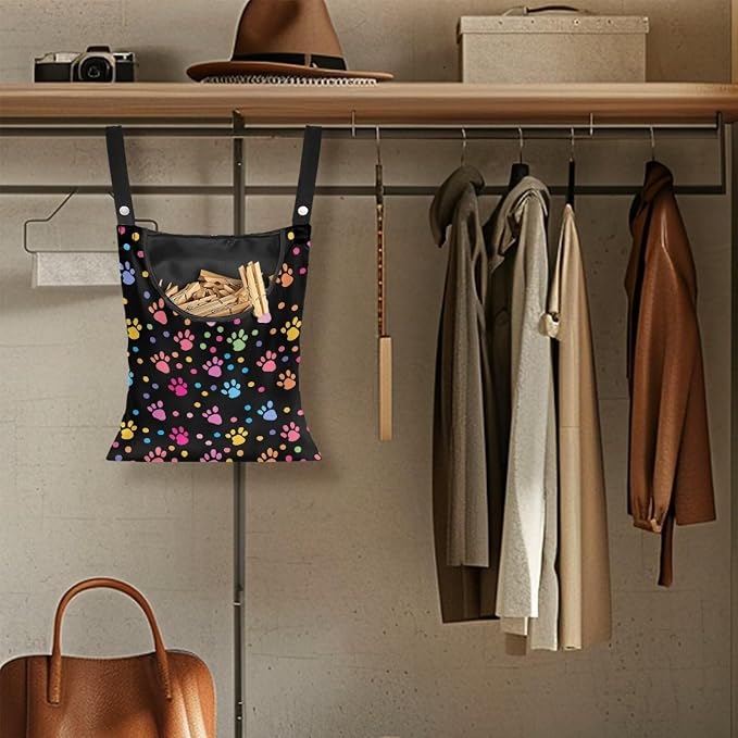 Dog Paw Print Laundry Clothespin Bags Hanging Storage Organizer 12 x 14.5 Inch Clothes Pin Bag Waterproof Clothespin Bag Clothespin Holder Large Opening and Hanging Rope