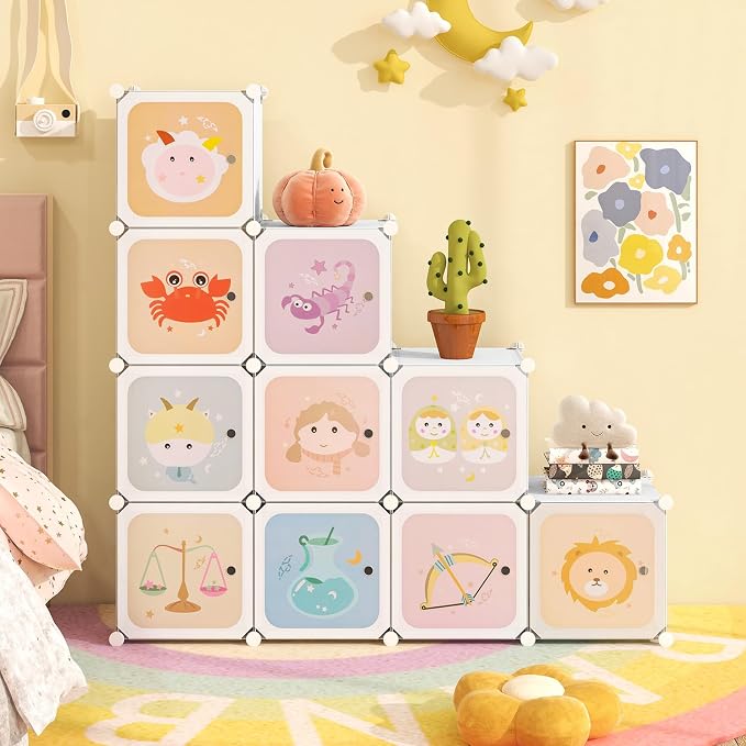 INFANS Children Wardrobe, Kid Closet Portable Baby Dresser Cute for Kids Bedroom Nursery Armoire with Doors 12 Cube 2 Hanging Sections, Kid Clothes Storage Organizer (Pink, 12 Cubes)