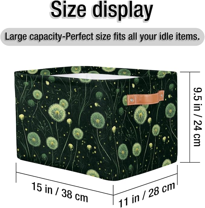Rectangular Storage Baskets Dark Green Glow Dandelion Print Fabric Storage Bin Toy Organizer Box with PU Leather Handles for Room Decor
