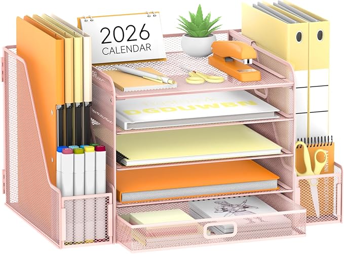 SUPEASY Mesh Desk Organizer with File Holder, 5-Tier Paper Letter Tray Organizer with Magazine Holder, Desktop Organizer and Storage with Drawer for Office Supplies Home or School (Pink)