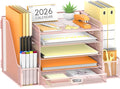 SUPEASY Mesh Desk Organizer with File Holder, 5-Tier Paper Letter Tray Organizer with Magazine Holder, Desktop Organizer and Storage with Drawer for Office Supplies Home or School (Pink)