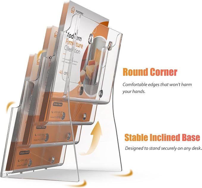 FUCDTEFC 2 Pack Acrylic Brochure Holder 8.5x11 & 4 x9 Inches, Clear 4 Tier Magazine Holder Brochure Display Stand w Removable Divider, Literature Pamphlet Flyer Holder for Wall Mount or Countertop