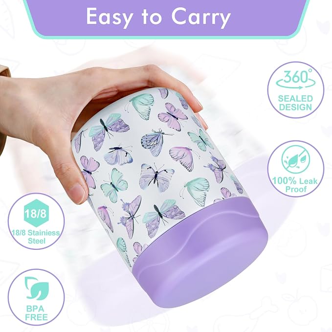 wiwens 12oz Soup Thermo for Hot Food Kids Insulated Food Jar Wide Mouth Lunch Container Leak Proof Stainless Steel Vacuum Bento Box for School Office Travel Outdoors White-Butterfly
