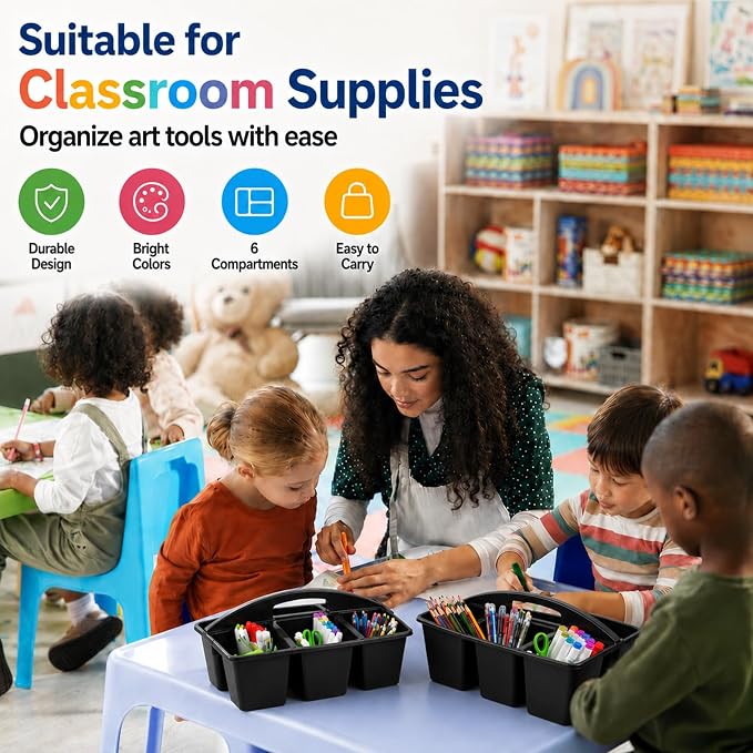 gisgfim 6 Pack Plastic Classroom Caddy with 6-Compartments Plastic Storage Caddies with Handle 6 Compartments Table Caddy Organizer Versatile Table Caddies for Classroom Office Storage, Black
