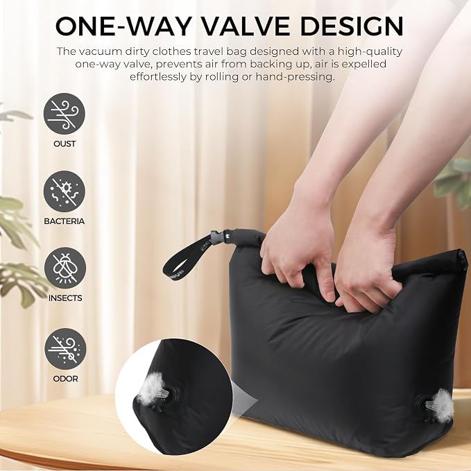 Travel Compression Laundry Bag, Pump-Free Vacuum Space Saver Bag for Dirty Clothes, Reusable Waterproof Wet Dry Bag, Travel Laundry Bag for Luggage, Packing, Suitcase (1 Pcs)（Black, M)