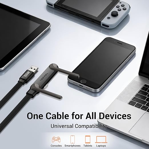 Invisible Holder Charger Cable, 65W PD Fast Charging Cable for Desk, USB-A & Type-C to Cable 4.9 FT with 360° Adjustable Metal Stand, 2 in 1 Holder Charger for Gaming, Office, Home