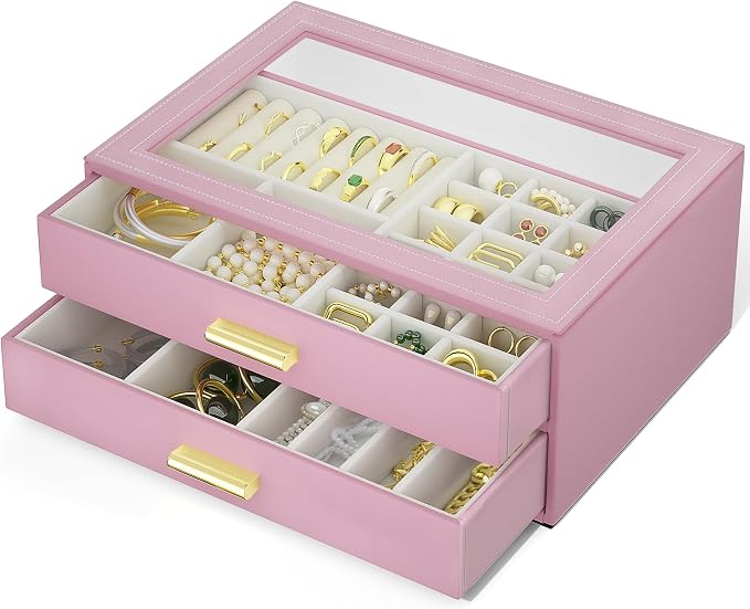 AKOZLIN Jewelry Box with Clear Lid Functional Leather Jewelry Storage Organizer Case 2 Drawers for Women Girls Necklace Ring Bracelet Earring