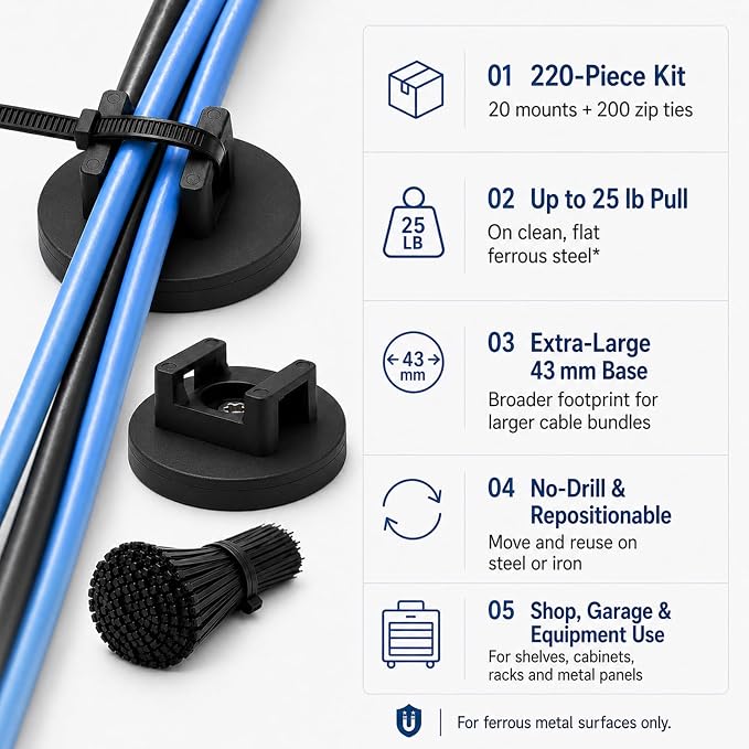 20 Pcs 43 mm Magnetic Zip Tie Mounts with 200 Black Zip Ties, 25 lb Vertical Pull Force Extra Large Magnetic Cable Clips, Wide Magnet Wire Holder Bases for Cable Management on Steel Surfaces