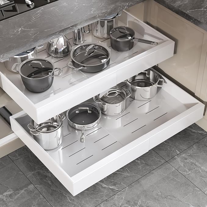 Seinloes 2 Pack Pull Out Cabinet Organizer 19" Deep,Full Extension 3 Slide Rails Slide Out Drawers With Raising Pad for Framed Cabinets,Expandable Width (15.4"-26.2"),No Drill Roll Out shelf,White