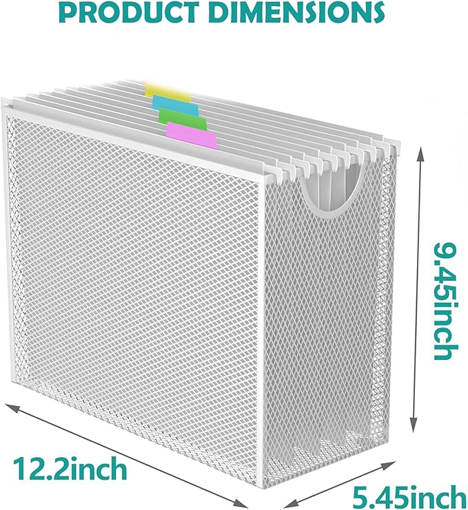 Sinboun Hanging File Organizer Letter-Size File Holder Filing Box Includes 5 Hanging Folders - Metal Mesh Magazine Letter Storage Cabinets File Cart for Office Home School, No Assembly Required White
