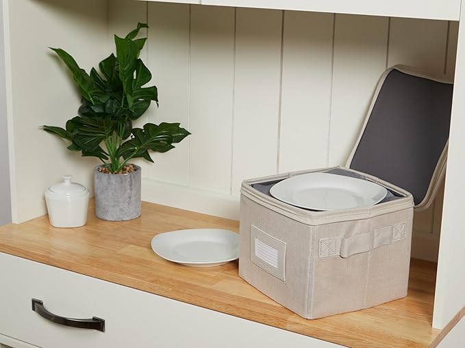 Covermates Dish Storage Box Set – China & Dinner Plate Storage Containers with Felt Dividers, Dual Zippers, Reinforced Handles, ID Window & Stackable Design, Beige Heather