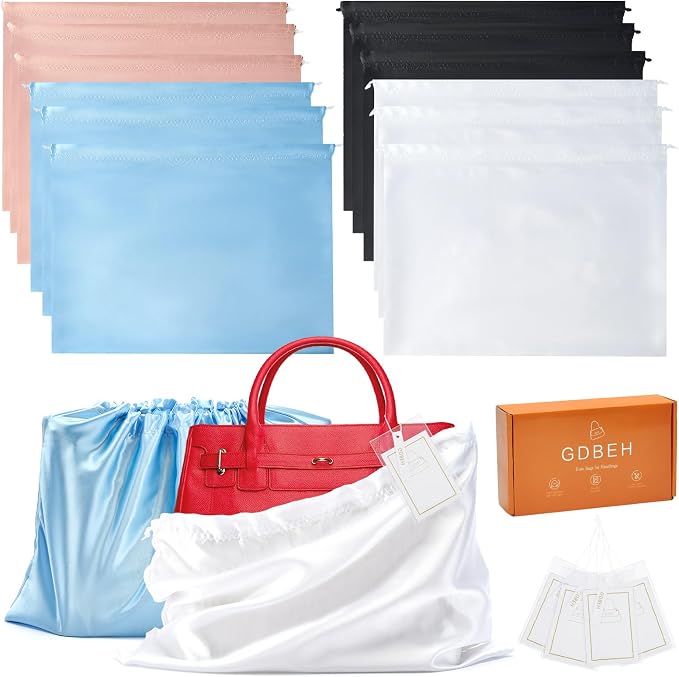 12 Pack Dust Bags for Handbags Travel Storage Pouch Silk Cloth Bag | Drawstring Large Storage Pouch for Handbag Purse Shoes Boots, Multicolor 23.6x19.6 Inch